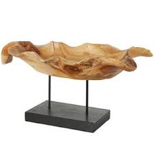 Brown Teak Wood Floating Leaf Decorative Sculpture with Black Stand and Base1